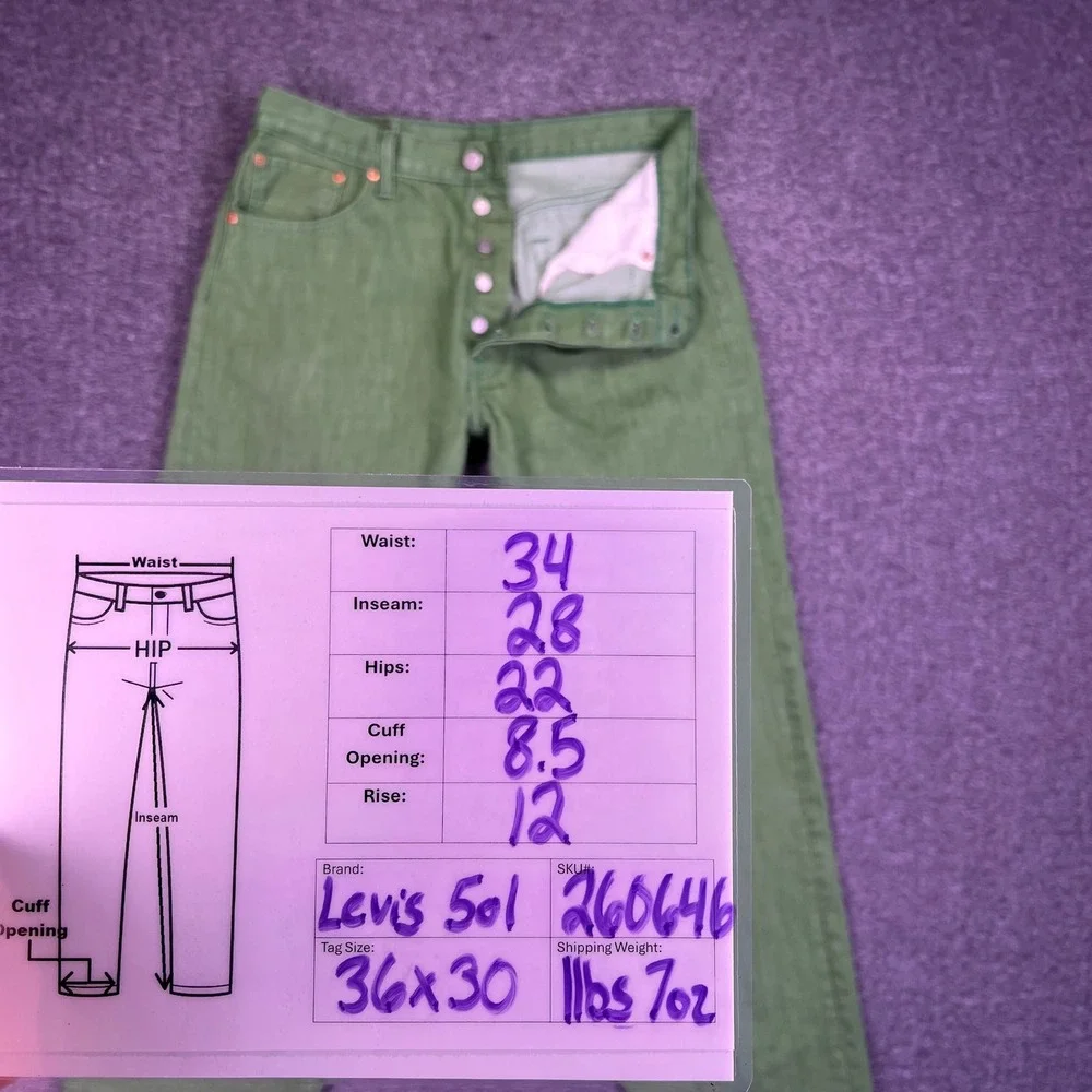 Levis 501 Original Jeans Mens 36x30 Green Straight Classic Button‎ Fly Fits34x28